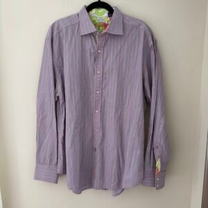 Robert Graham Mens 2XL Striped Button‎ Down Shirt Pink Navy Contrast Cuff Cotton